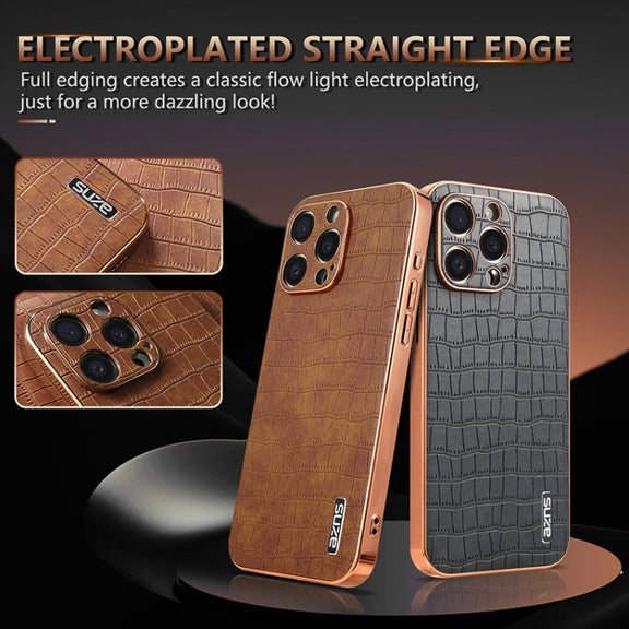 For iPhone 15 Pro Max AZNS Electroplated Frame Crocodile Texture Full Coverage Phone Case(Blue)