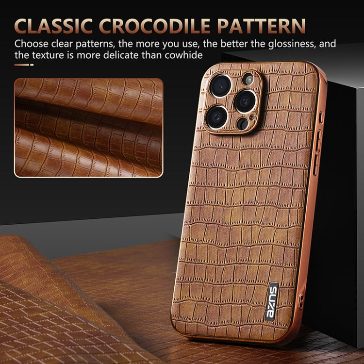 For iPhone 16 Pro Max AZNS Electroplated Frame Crocodile Texture Full Coverage Phone Case(Black)
