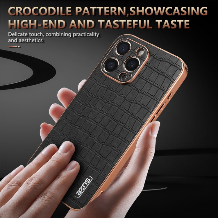 For iPhone 16 Pro Max AZNS Electroplated Frame Crocodile Texture Full Coverage Phone Case(Black)