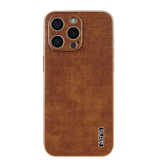 For iPhone 16 Pro Max AZNS Electroplated Frame Crocodile Texture Full Coverage Phone Case(Brown)