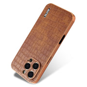For iPhone 16 Pro Max AZNS Electroplated Frame Crocodile Texture Full Coverage Phone Case(Brown)