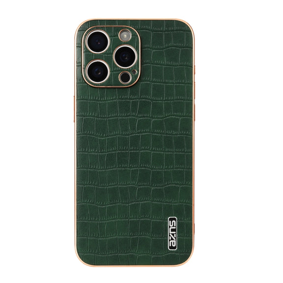 For iPhone 16 Pro Max AZNS Electroplated Frame Crocodile Texture Full Coverage Phone Case(Green)