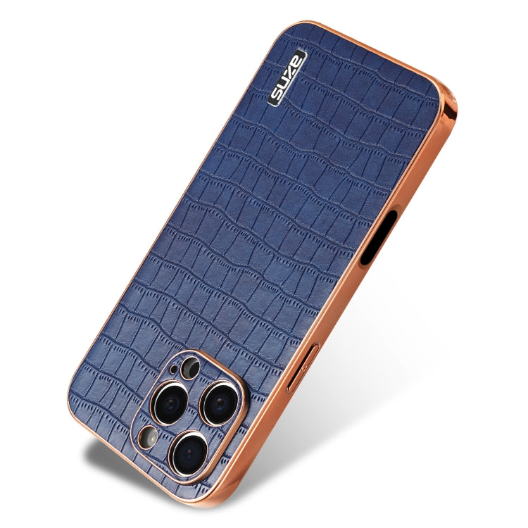 For iPhone 16 Pro Max AZNS Electroplated Frame Crocodile Texture Full Coverage Phone Case(Blue)