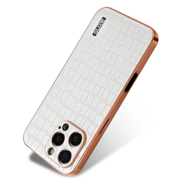 For iPhone 16 Pro Max AZNS Electroplated Frame Crocodile Texture Full Coverage Phone Case(White)