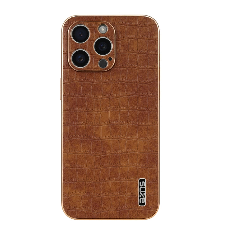For iPhone 16 Pro AZNS Electroplated Frame Crocodile Texture Full Coverage Phone Case(Brown)