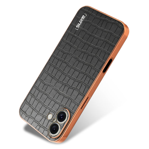 For iPhone 16 Plus AZNS Electroplated Frame Crocodile Texture Full Coverage Phone Case(Black)