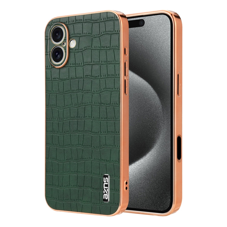 For iPhone 16 Plus AZNS Electroplated Frame Crocodile Texture Full Coverage Phone Case(Green)