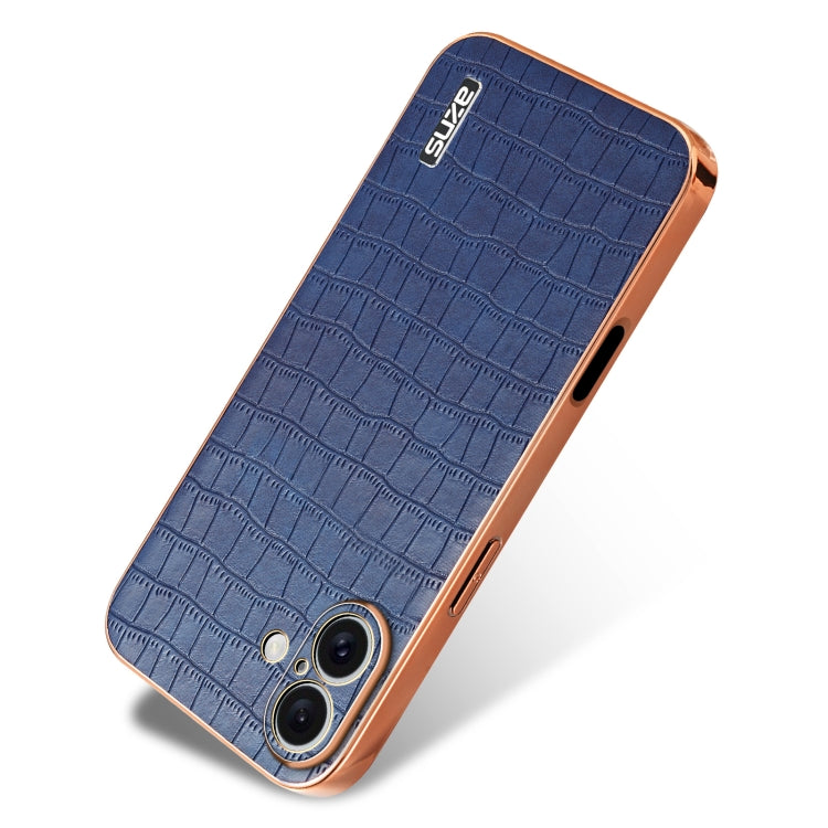 For iPhone 16 Plus AZNS Electroplated Frame Crocodile Texture Full Coverage Phone Case(Blue)