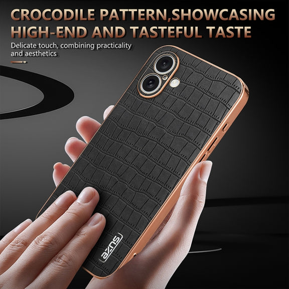 For iPhone 16 Plus AZNS Electroplated Frame Crocodile Texture Full Coverage Phone Case(Blue)