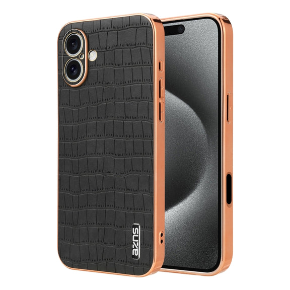 For iPhone 16 AZNS Electroplated Frame Crocodile Texture Full Coverage Phone Case(Black)