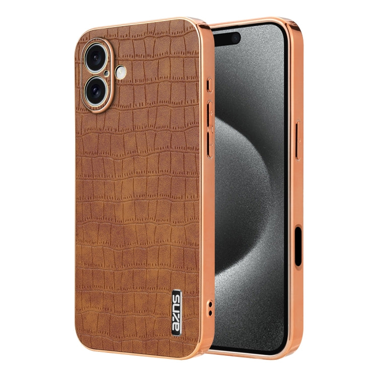 For iPhone 16 AZNS Electroplated Frame Crocodile Texture Full Coverage Phone Case(Brown)