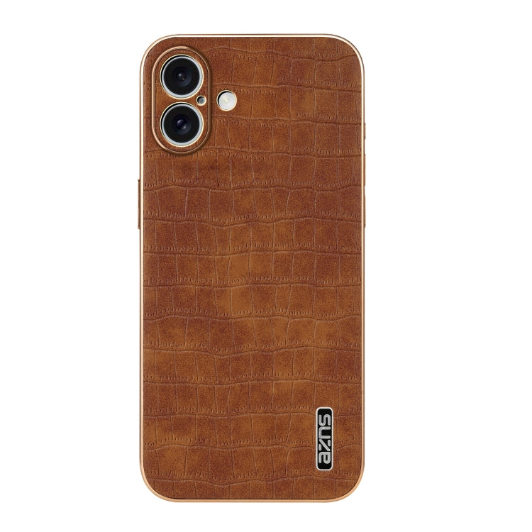 For iPhone 16 AZNS Electroplated Frame Crocodile Texture Full Coverage Phone Case(Brown)