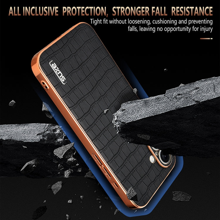 For iPhone 16 AZNS Electroplated Frame Crocodile Texture Full Coverage Phone Case(Brown)