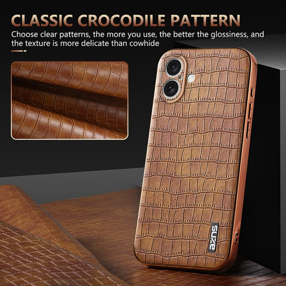 For iPhone 16 AZNS Electroplated Frame Crocodile Texture Full Coverage Phone Case(Brown)