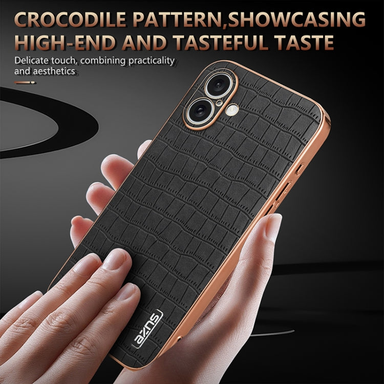 For iPhone 16 AZNS Electroplated Frame Crocodile Texture Full Coverage Phone Case(Brown)