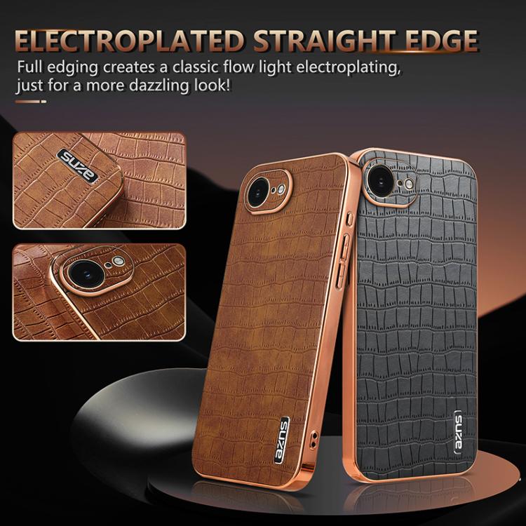 For iPhone 16e AZNS Electroplated Frame Crocodile Texture Full Coverage Phone Case(Black)