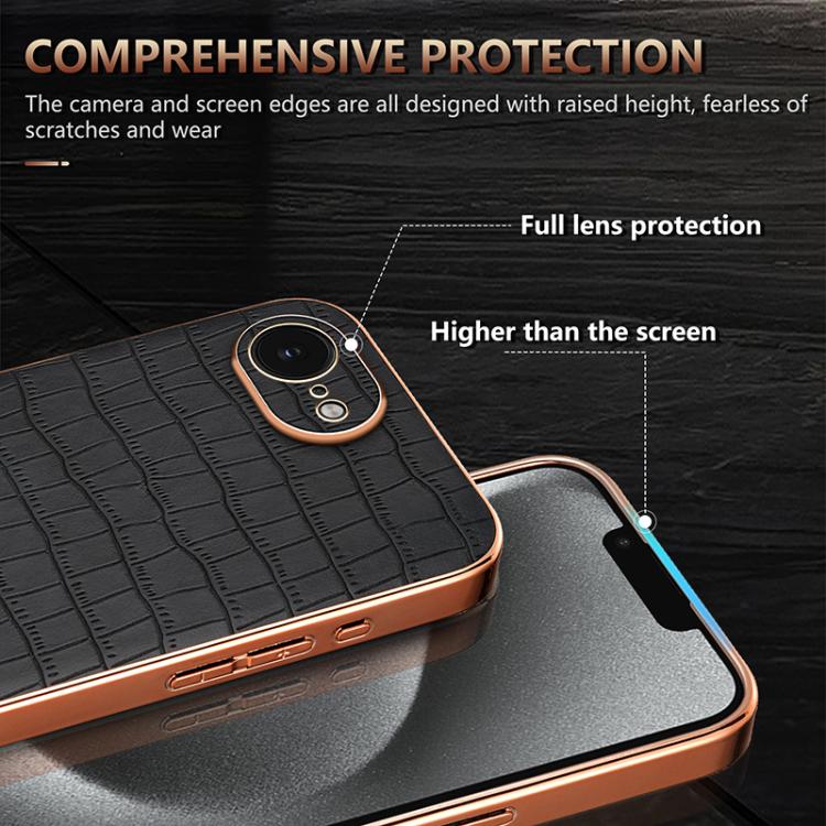 For iPhone 16e AZNS Electroplated Frame Crocodile Texture Full Coverage Phone Case(Black)