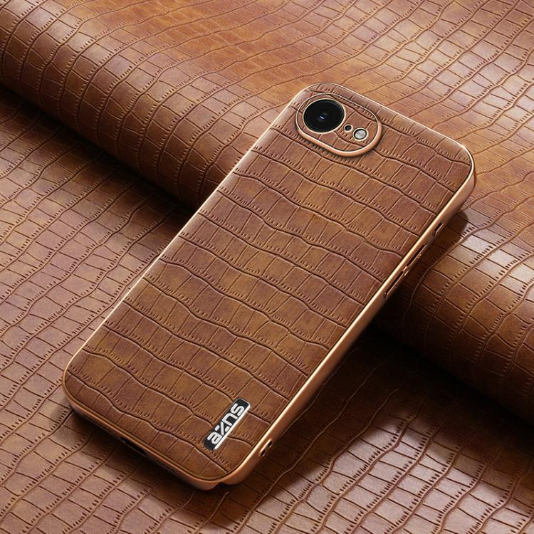 For iPhone 16e AZNS Electroplated Frame Crocodile Texture Full Coverage Phone Case(Brown)