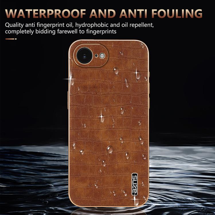 For iPhone 16e AZNS Electroplated Frame Crocodile Texture Full Coverage Phone Case(Brown)