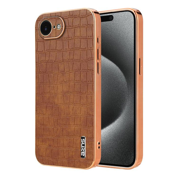 For iPhone 16e AZNS Electroplated Frame Crocodile Texture Full Coverage Phone Case(Brown)