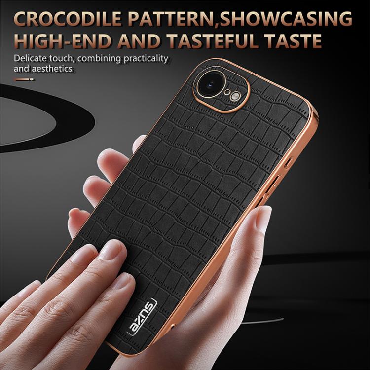 For iPhone 16e AZNS Electroplated Frame Crocodile Texture Full Coverage Phone Case(Brown)