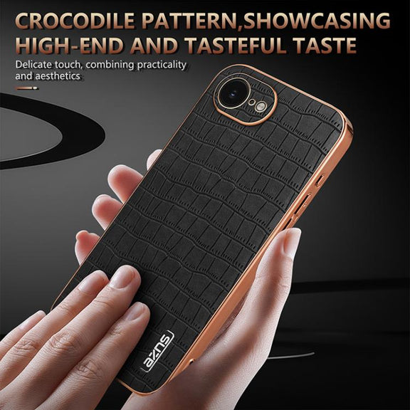 For iPhone 16e AZNS Electroplated Frame Crocodile Texture Full Coverage Phone Case(Brown)