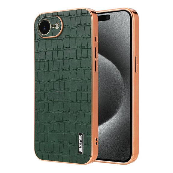 For iPhone 16e AZNS Electroplated Frame Crocodile Texture Full Coverage Phone Case(Green)