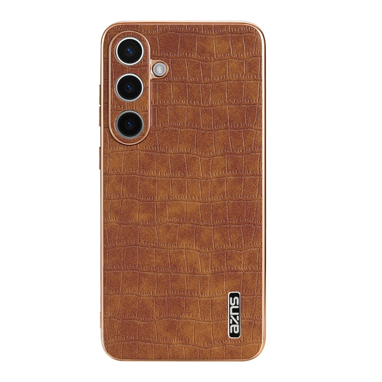 For Samsung Galaxy S24 5G AZNS Electroplated Frame Crocodile Texture Full Coverage Phone Case(Brown)