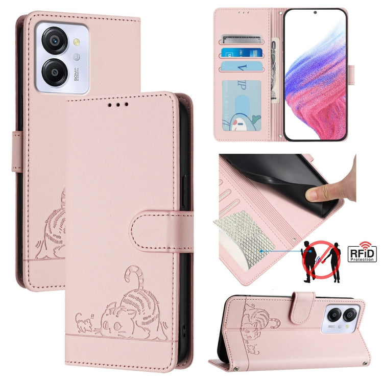 For Blackview Color 8 Cat Rat Embossed Pattern RFID Leather Phone Case with Lanyard(Pink)