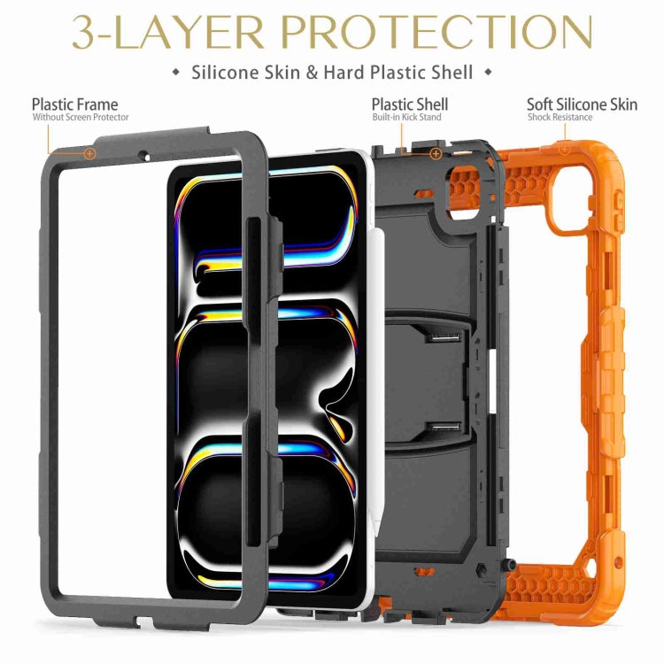 For iPad Pro 11 2024 Silicone Hydric PC Tablet Case with Shoulder Strap & Holder(Orange)