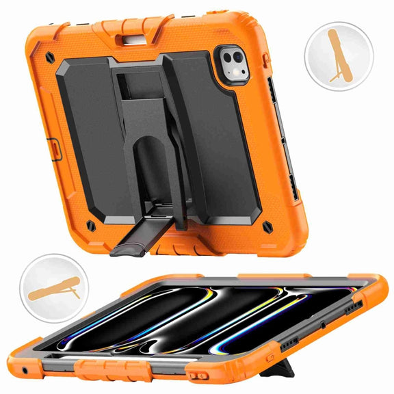 For iPad Pro 11 2024 Silicone Hydric PC Tablet Case with Shoulder Strap & Holder(Orange)
