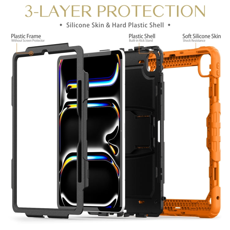 For iPad Pro 13 2024 Silicone Hydric PC Tablet Case with Shoulder Strap & Holder(Orange)