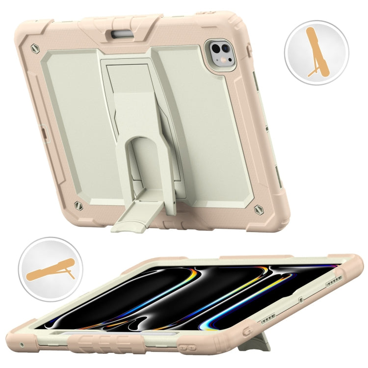 For iPad Pro 13 2024 Silicone Hydric PC Tablet Case with Shoulder Strap & Holder(Beige Rose Gold)