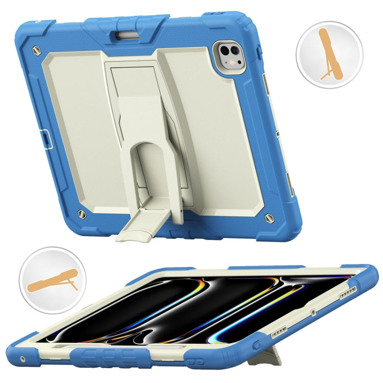 For iPad Pro 13 2024 Silicone Hydric PC Tablet Case with Shoulder Strap & Holder(Beige Cyan-blue)