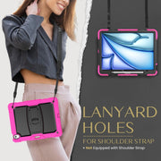 For iPad Air 13 2024 Silicone Hydric PC Tablet Case with Shoulder Strap & Holder(Rose Red)