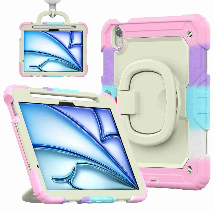 For iPad Air 11 2025 / 2024 Handle Silicone Hydric PC Tablet Case with Shoulder Strap(Rainbow Pink)