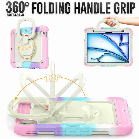 For iPad Air 11 2025 / 2024 Handle Silicone Hydric PC Tablet Case with Shoulder Strap(Rainbow Pink)