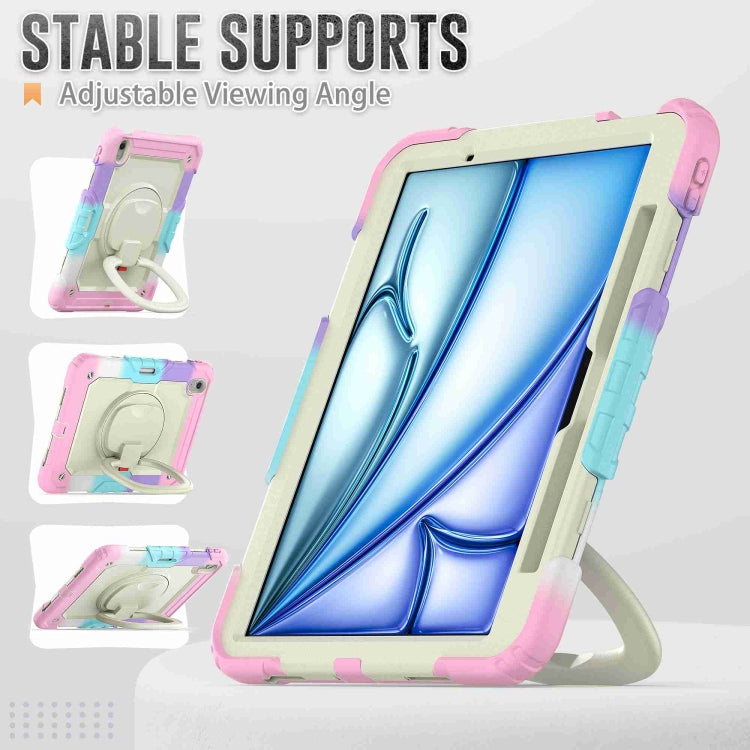 For iPad Air 11 2025 / 2024 Handle Silicone Hydric PC Tablet Case with Shoulder Strap(Rainbow Pink)