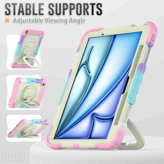 For iPad Air 11 2025 / 2024 Handle Silicone Hydric PC Tablet Case with Shoulder Strap(Rainbow Pink)
