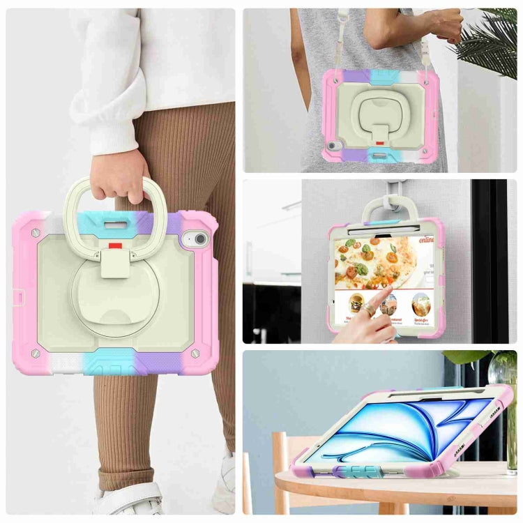 For iPad Air 11 2025 / 2024 Handle Silicone Hydric PC Tablet Case with Shoulder Strap(Rainbow Pink)