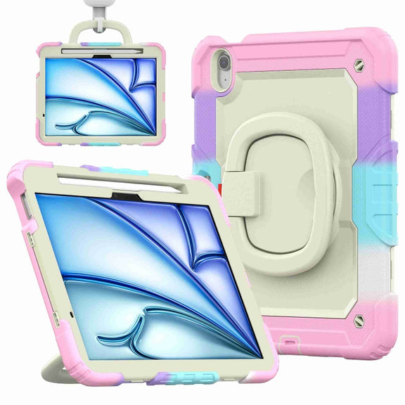 For iPad Air 11 2025 / 2024 Handle Silicone Hydric PC Tablet Case with Shoulder Strap(Rainbow Pink)