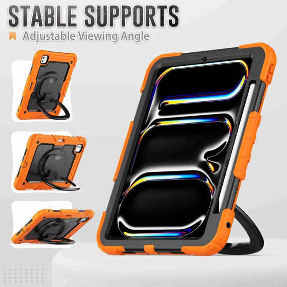 For iPad Pro 11 2024 Handle Silicone Hydric PC Tablet Case with Shoulder Strap(Orange)