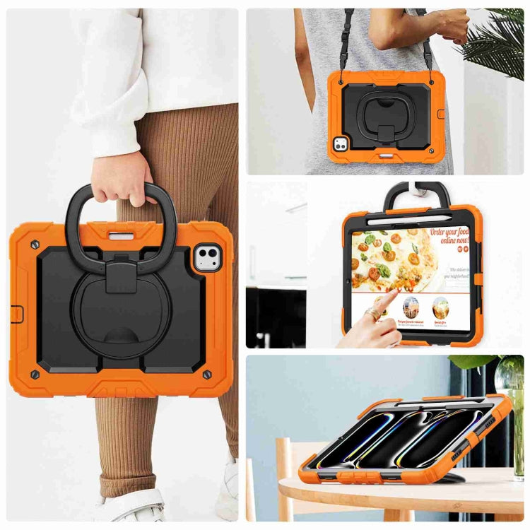 For iPad Pro 11 2024 Handle Silicone Hydric PC Tablet Case with Shoulder Strap(Orange)