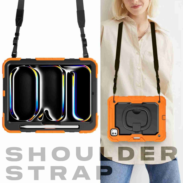 For iPad Pro 11 2024 Handle Silicone Hydric PC Tablet Case with Shoulder Strap(Orange)