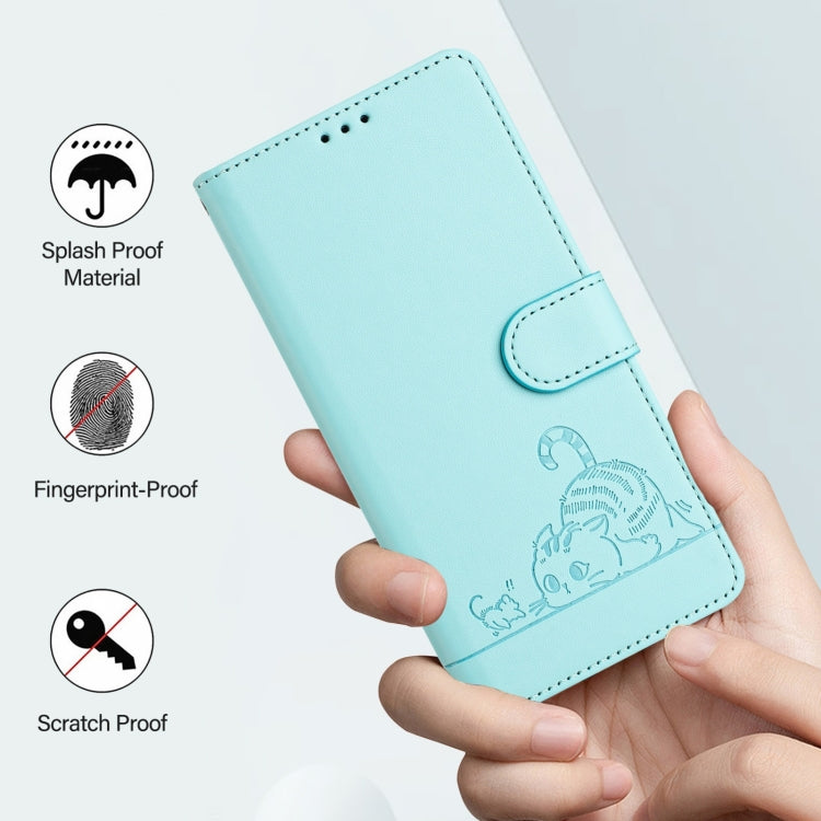 For Ulefone Note 14 Cat Rat Embossed Pattern RFID Leather Phone Case with Lanyard(Mint Green)