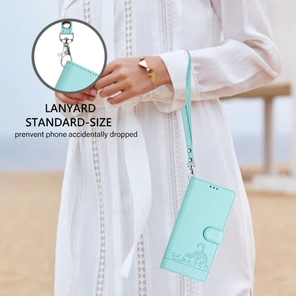 For Ulefone Note 14 Cat Rat Embossed Pattern RFID Leather Phone Case with Lanyard(Mint Green)