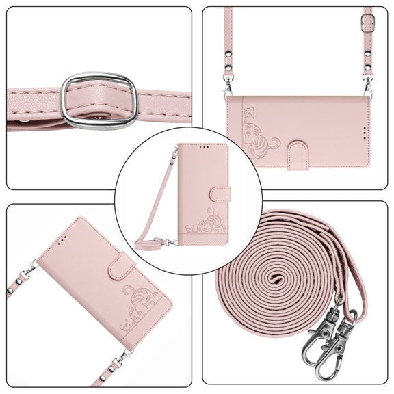 For Ulefone Note 14 Cat Rat Embossed Pattern RFID Leather Phone Case with Lanyard(Pink)