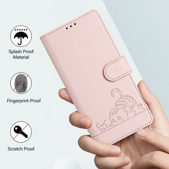 For Ulefone Note 14 Cat Rat Embossed Pattern RFID Leather Phone Case with Lanyard(Pink)