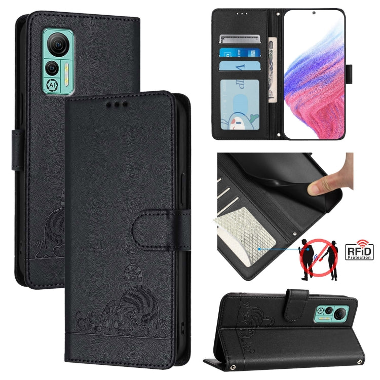 For Ulefone Note 14 Cat Rat Embossed Pattern RFID Leather Phone Case with Lanyard(Black)