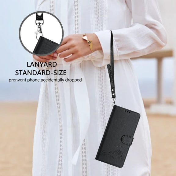For Ulefone Note 14 Cat Rat Embossed Pattern RFID Leather Phone Case with Lanyard(Black)